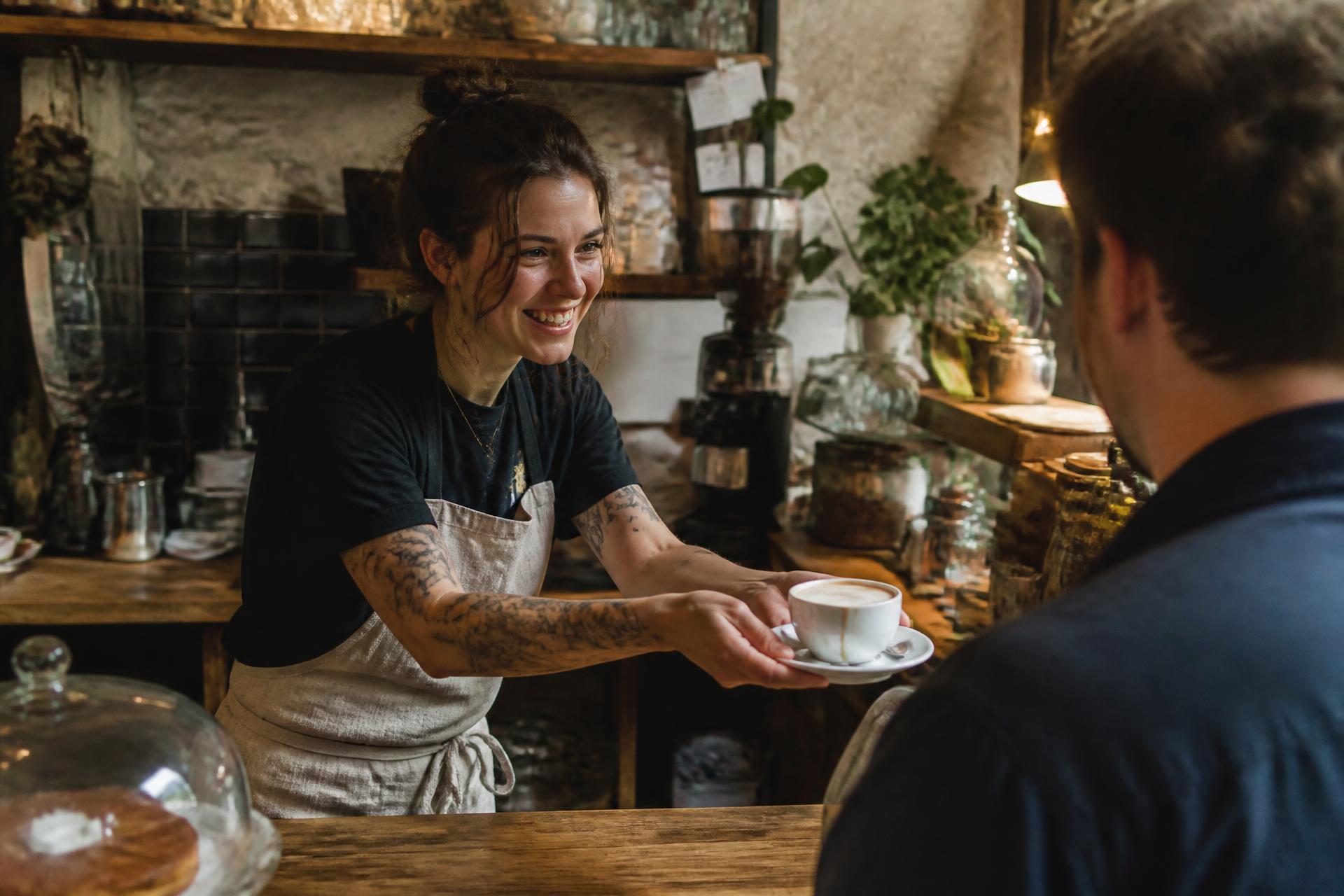 Barista reicht grinsend eine volle Tasse über den Tresen