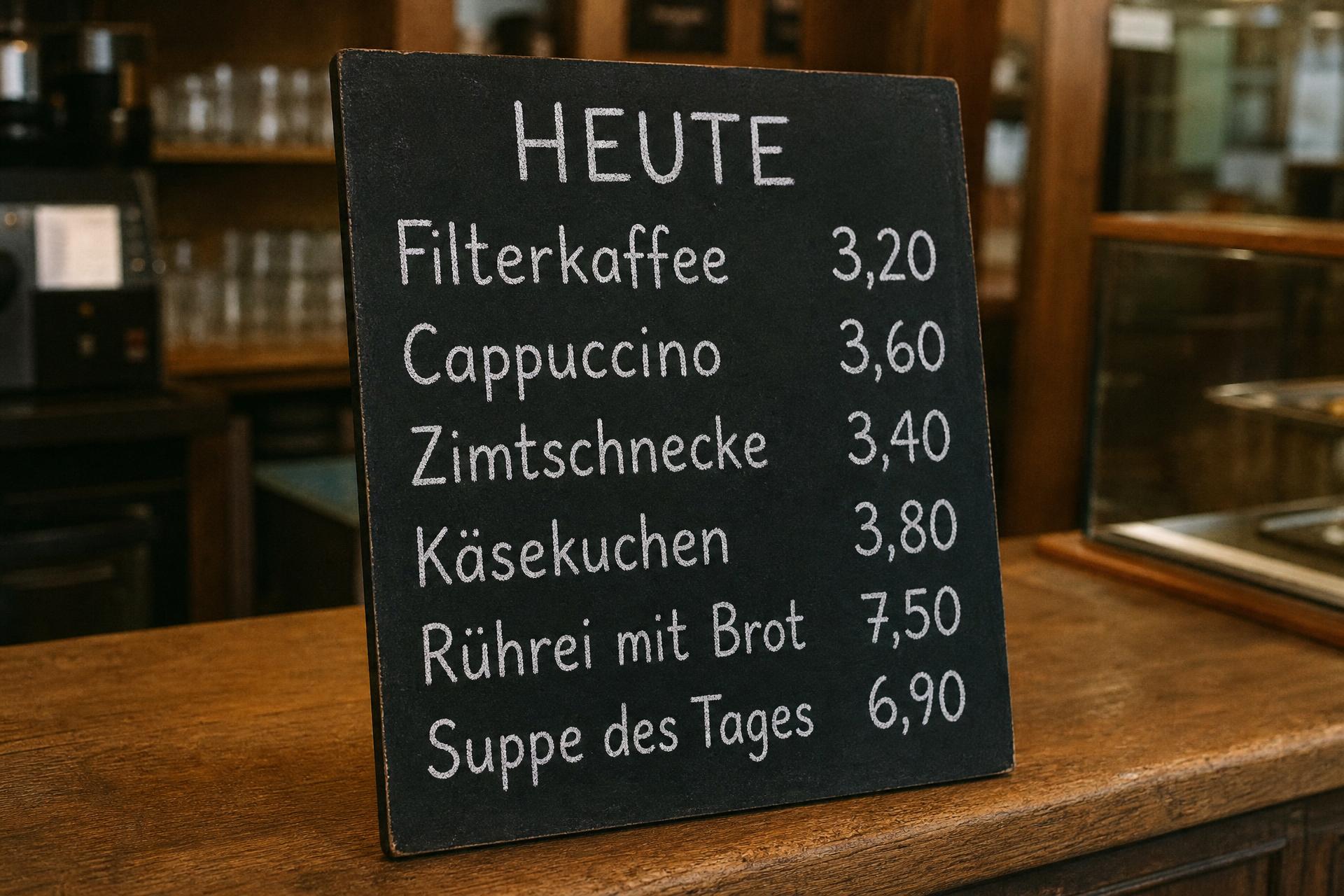 Kleine Kreidetafel auf dem Tresen mit den Tagespreisen für Filterkaffee, Cappuccino, Zimtschnecke, Käsekuchen, Rührei und Suppe
