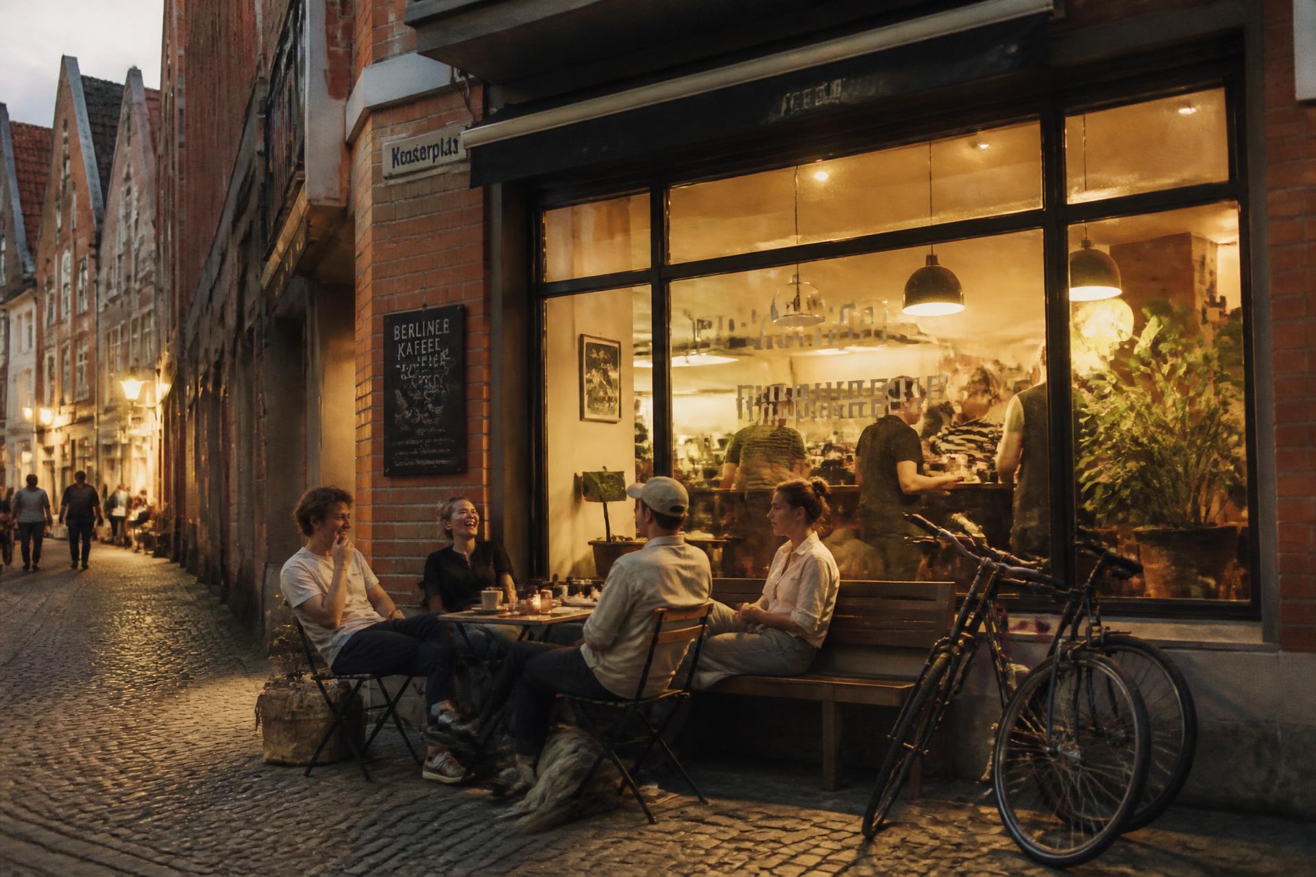 Gäste sitzen abends lachend an Tischen und auf der Bank vor dem Café in der Bielefelder Altstadtgasse, Fahrräder daneben, warmes Licht im Innenraum