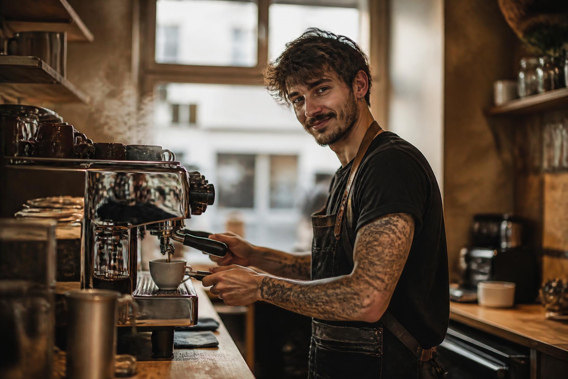 Barista mit Schürze und tätowierten Armen zieht einen Espresso an der Siebträgermaschine