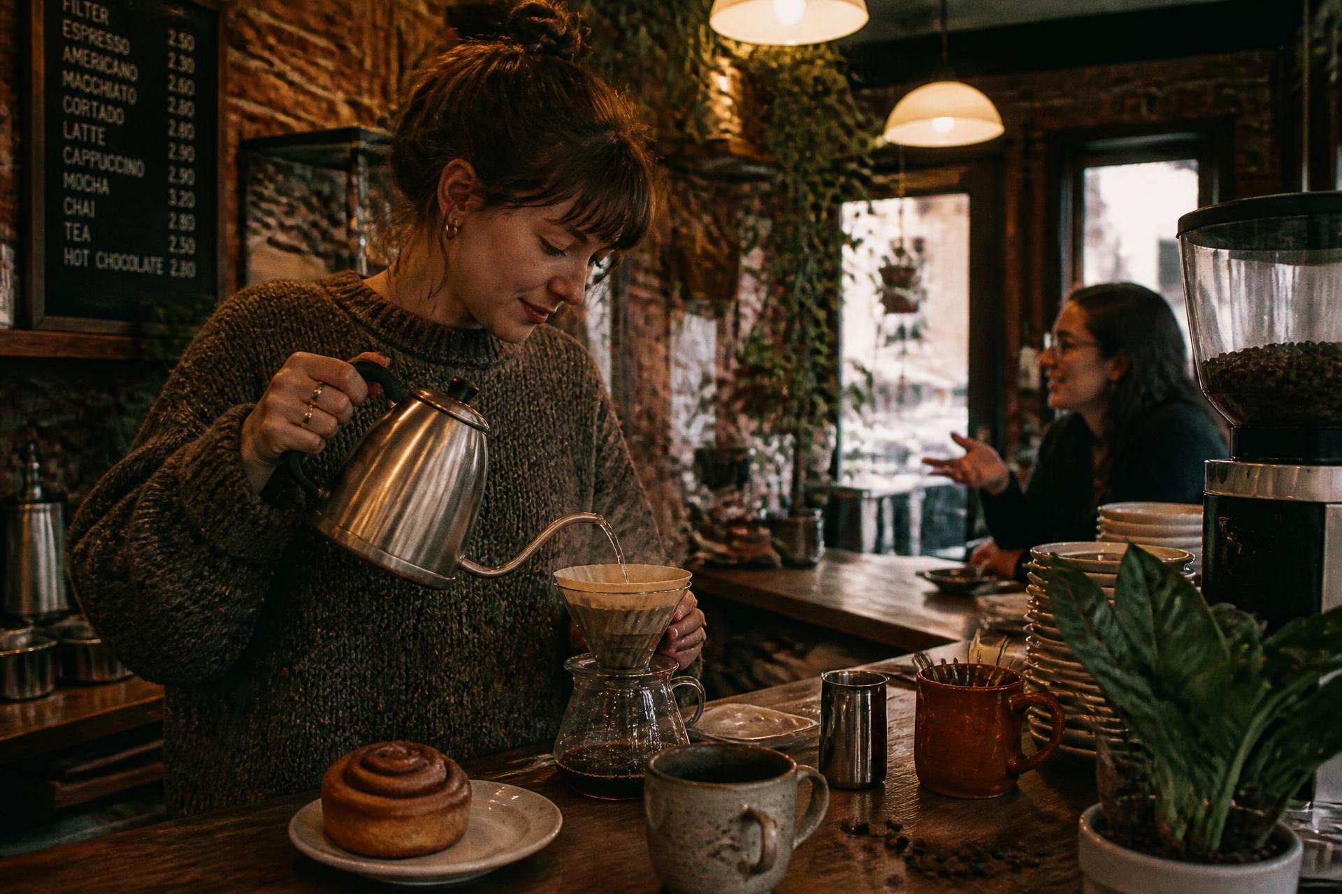 Barista im Strickpullover gießt am Tresen einen Handfilter auf, daneben eine Zimtschnecke