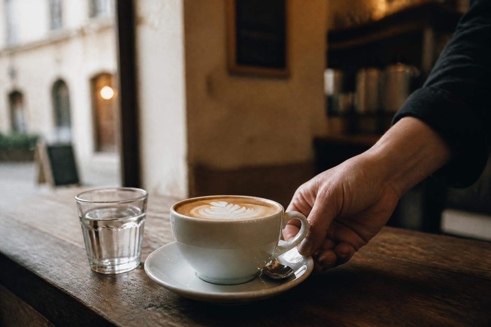 Cappuccino mit Latte Art wird auf den Holztresen gestellt, daneben ein Glas Wasser