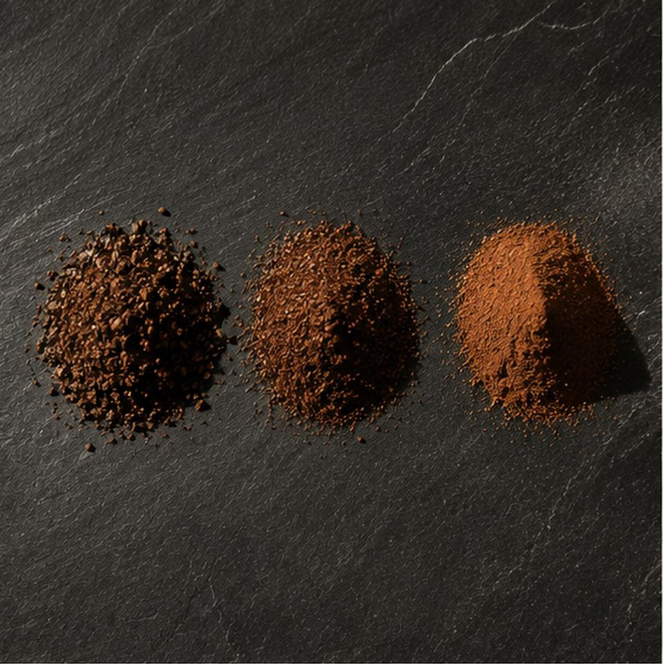Drei Häufchen Kaffeemehl von grob bis fein auf dunklem Schiefer