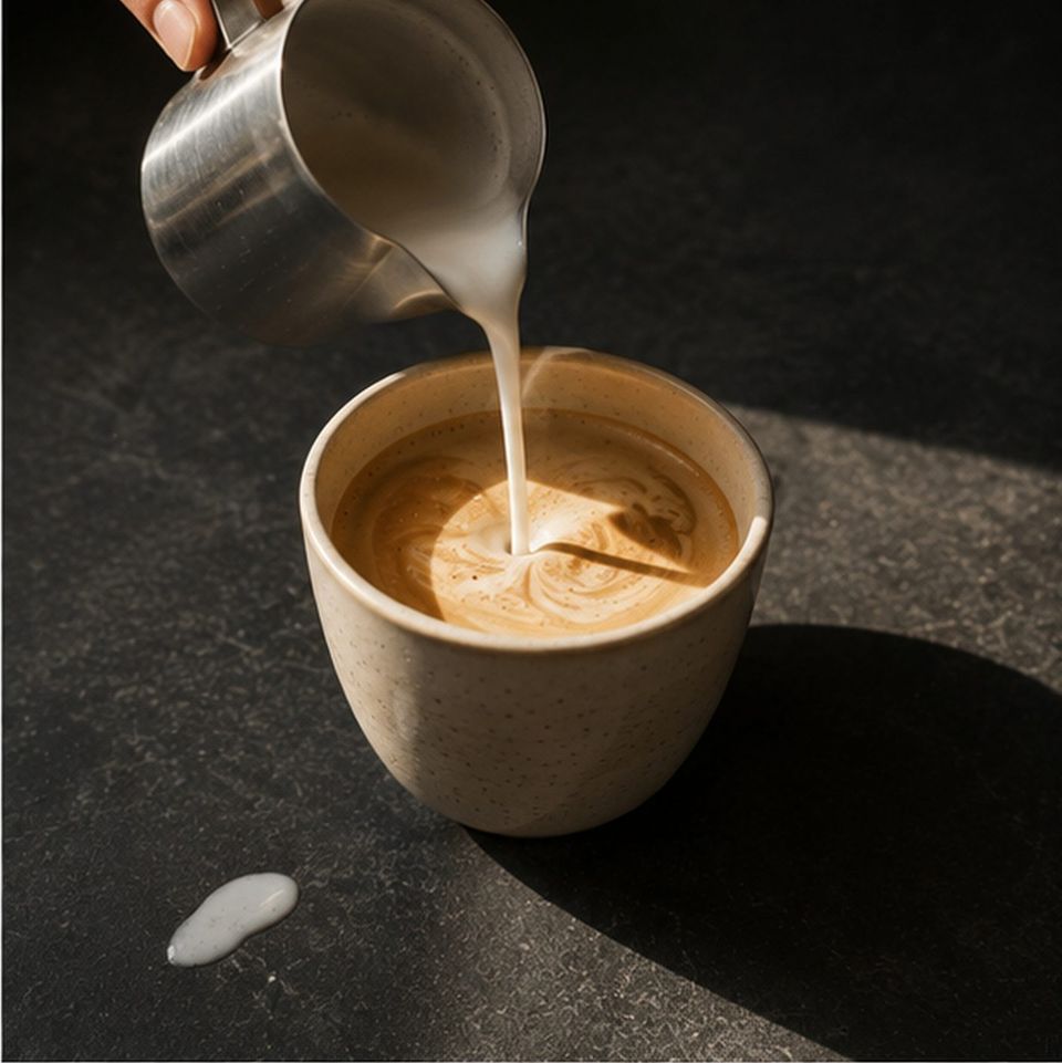 Milch wird aus dem Kännchen in eine Tasse gegossen