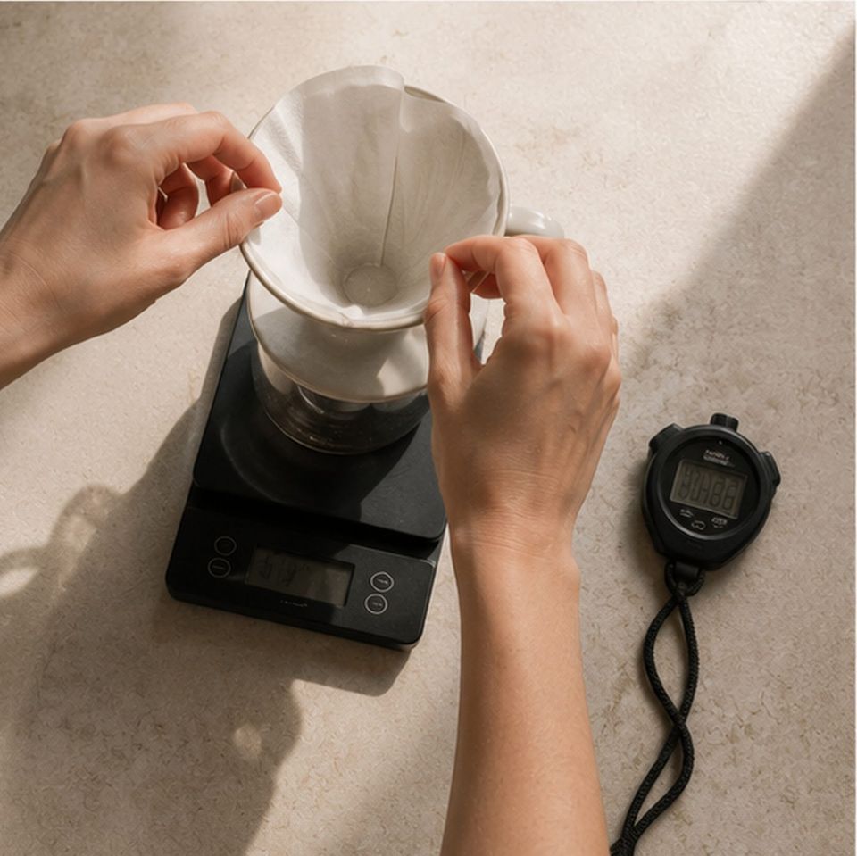 Hände am Handfilter mit Waage und Stoppuhr