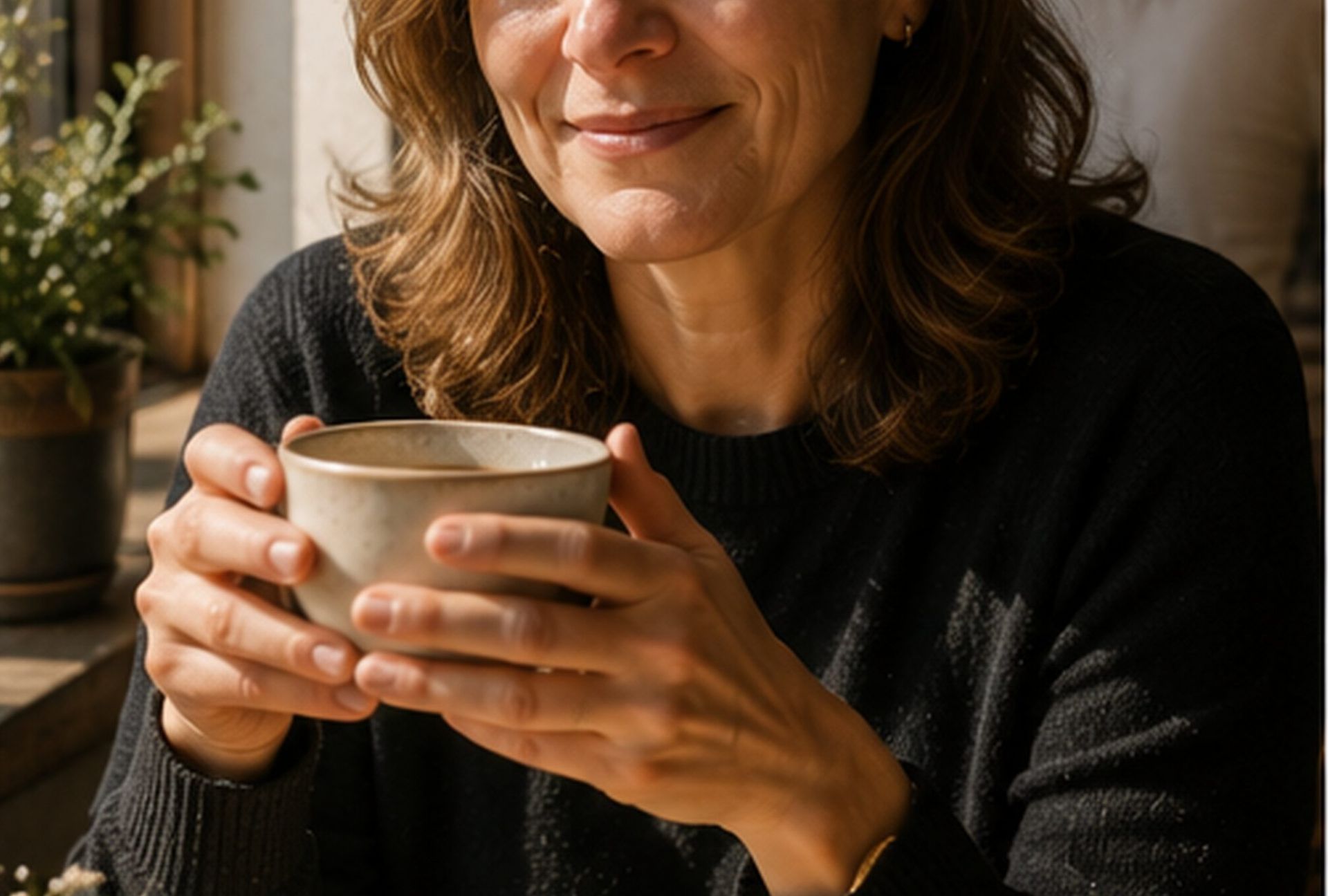 Porträt einer Gästin am Fenstertisch mit Tasse in den Händen